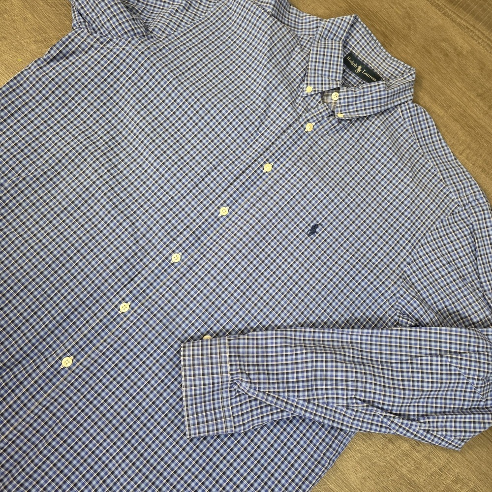 Vintage Ralph Lauren Shirt Mens XXL Blue Long Sleeve Button Down Check Classic
